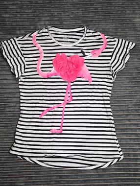 wonder nation Black & White Striped Tee with Pink Flamingo